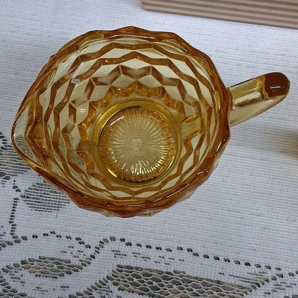 Vintage amber glass creamer and sugar set‎ -cubist depression glass